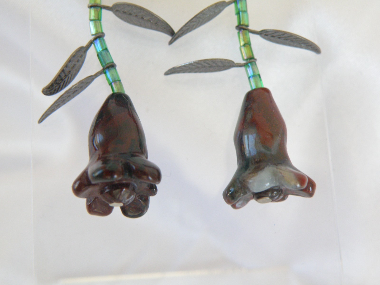 Vintage Sterling Silver 925 Artisan Tulip Flower Carved Stone Dangle Earrings