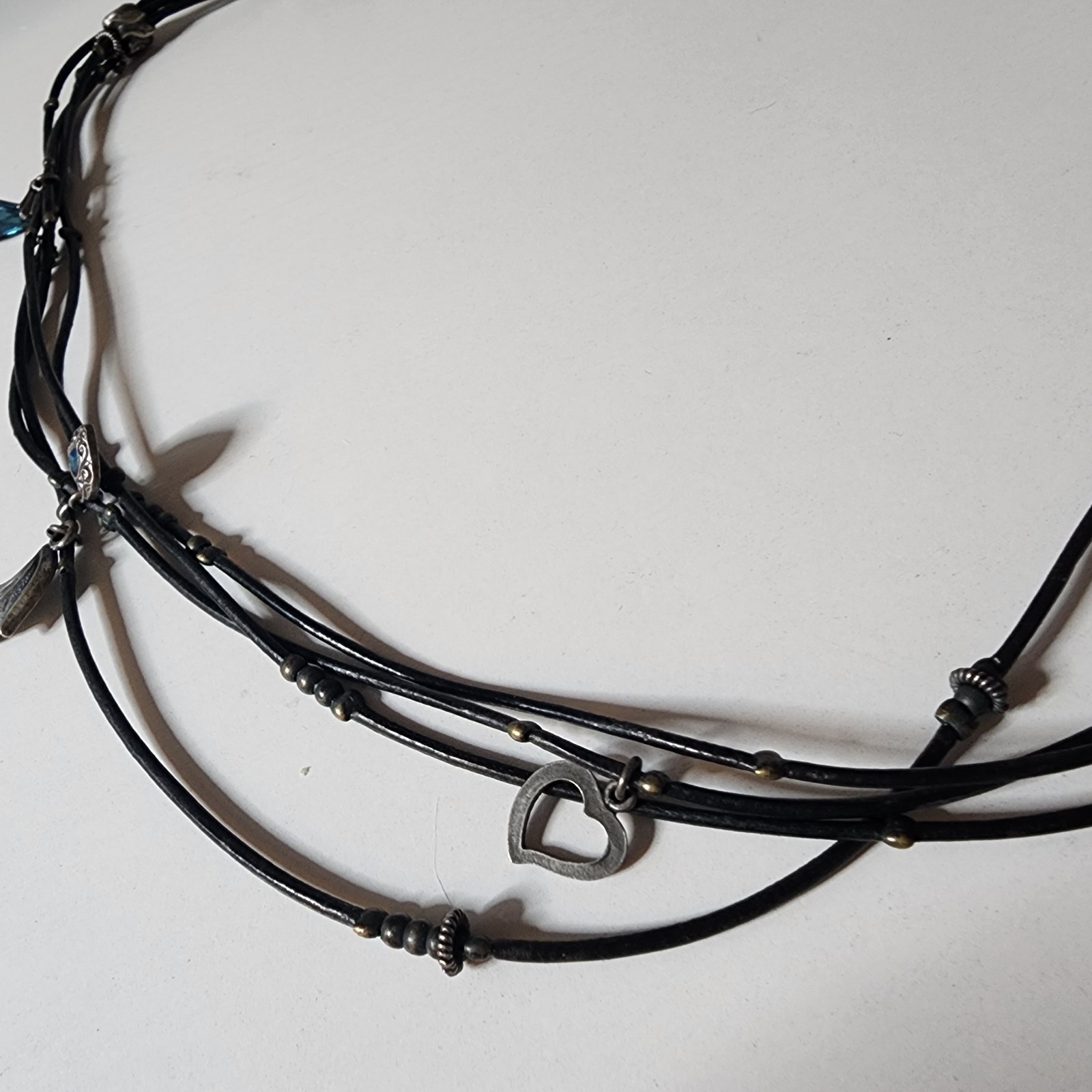 Vintage Van Galz Black Leather Multi Strand Necklace Blue Crystals Heart Charms