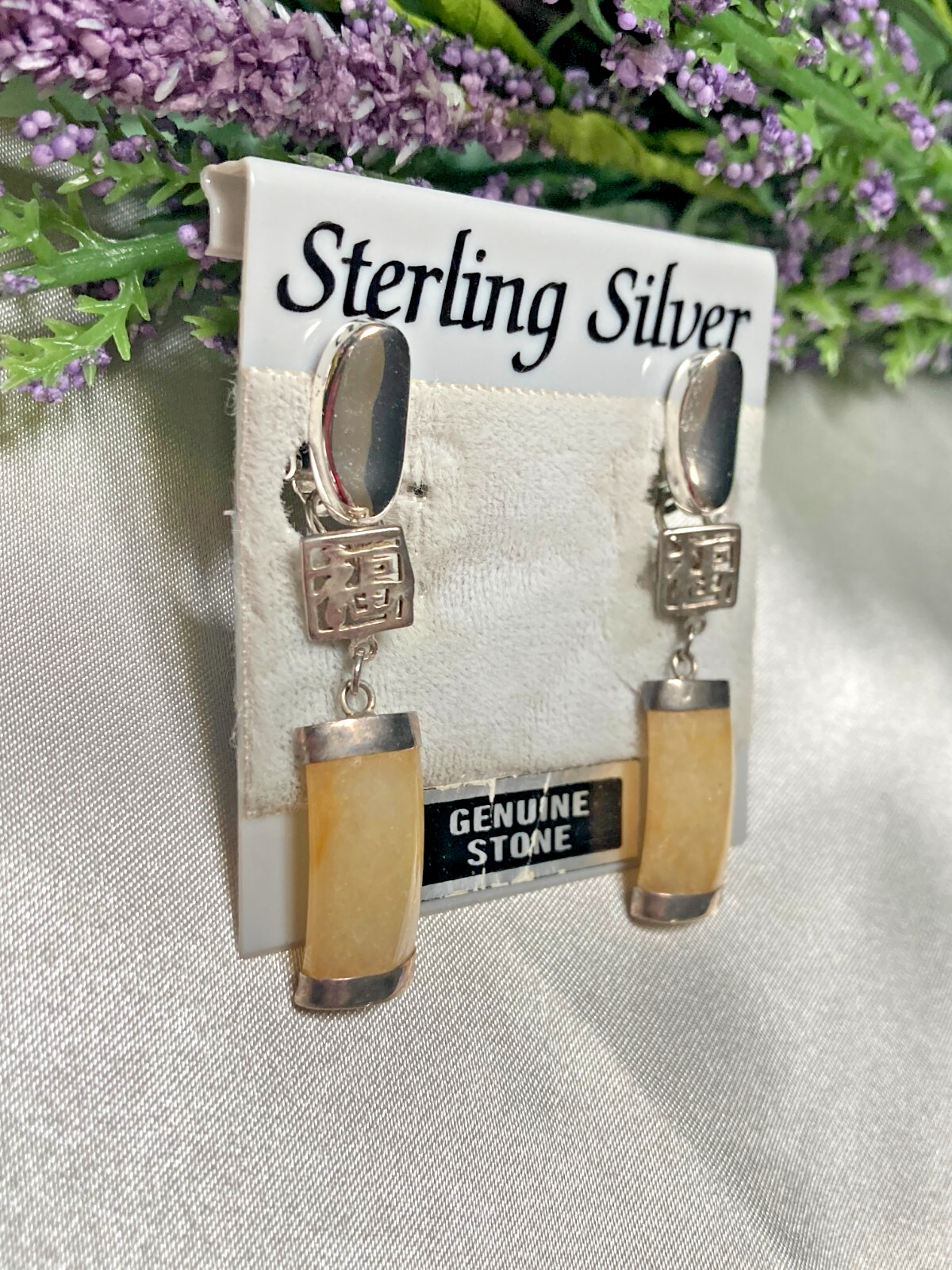 Beautiful Vintage Amber Jade Sterling Silver Asian Theme Dangle Drop Earrings