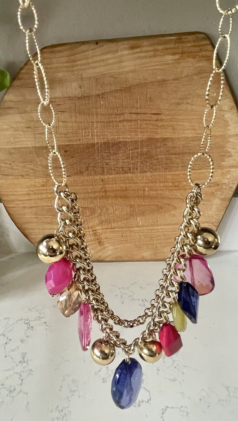 Bright Pastel Multi-Colored Faceted Faux Gem Gold Tone Double Chain Necklace 20”