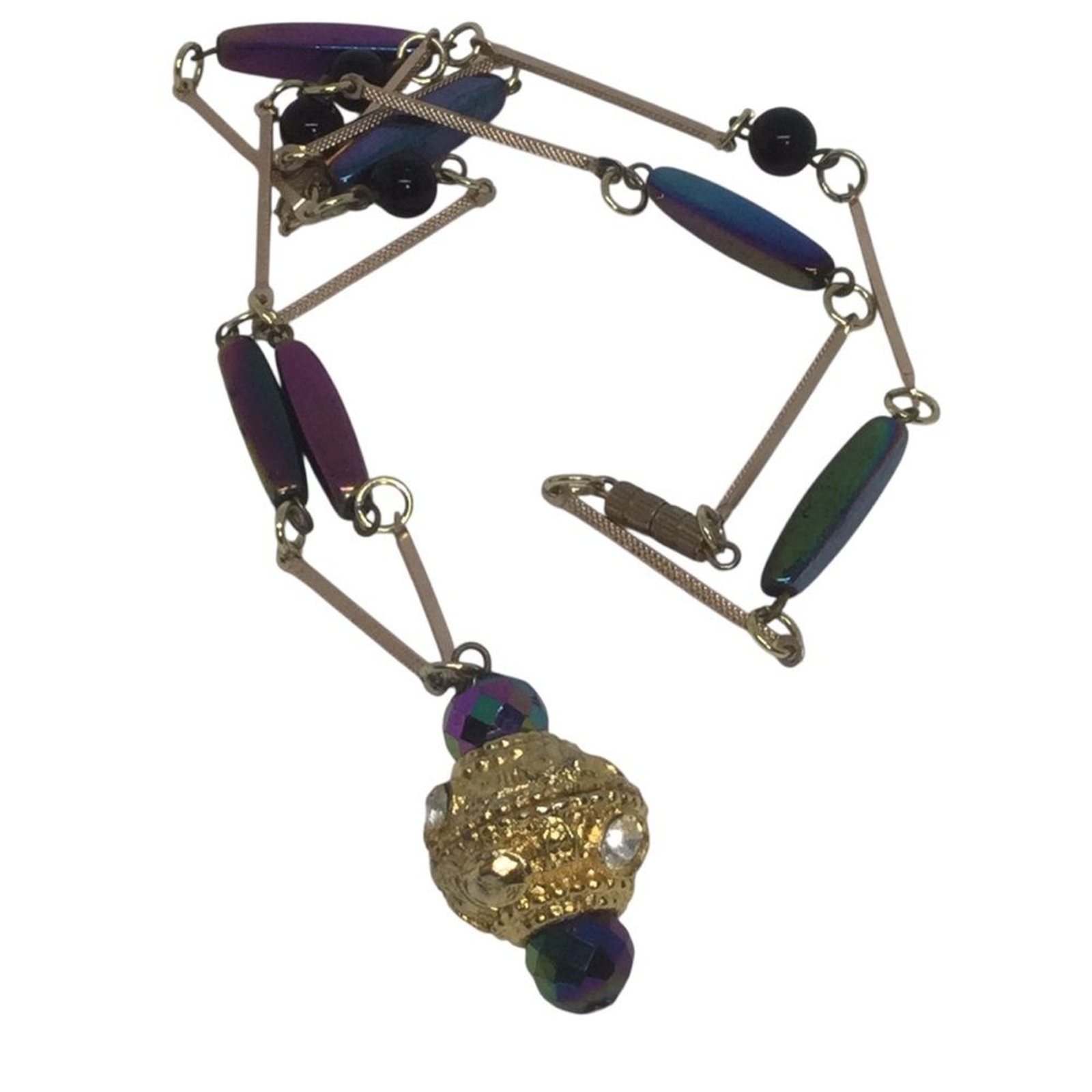 Vintage Pendant Necklace Peacock Glass Beads Gold Tone Bar Link Chain