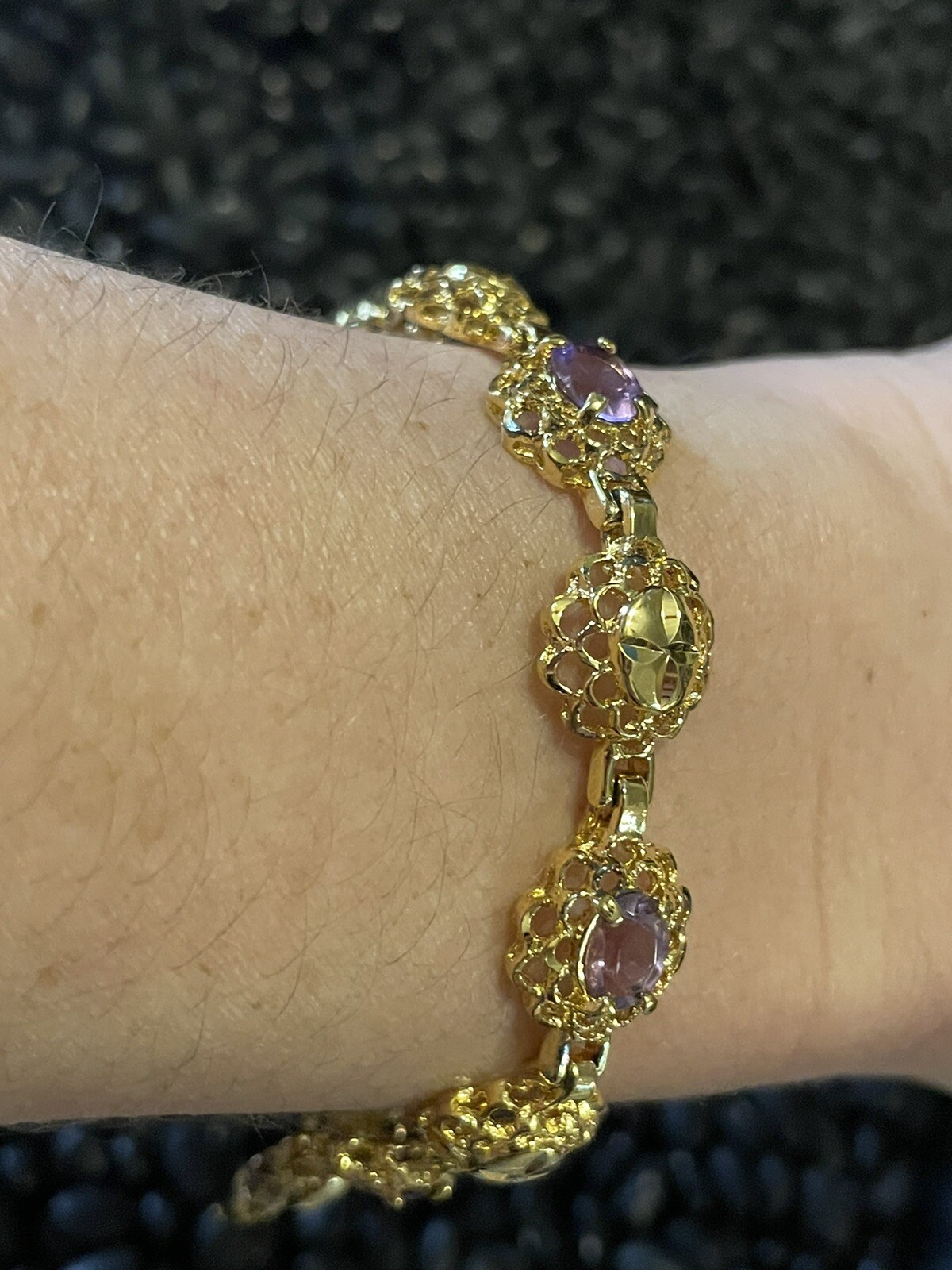 Sterling Silver Gold Vermeil Purple Amethyst Etched Open Work Tennis Bracelet