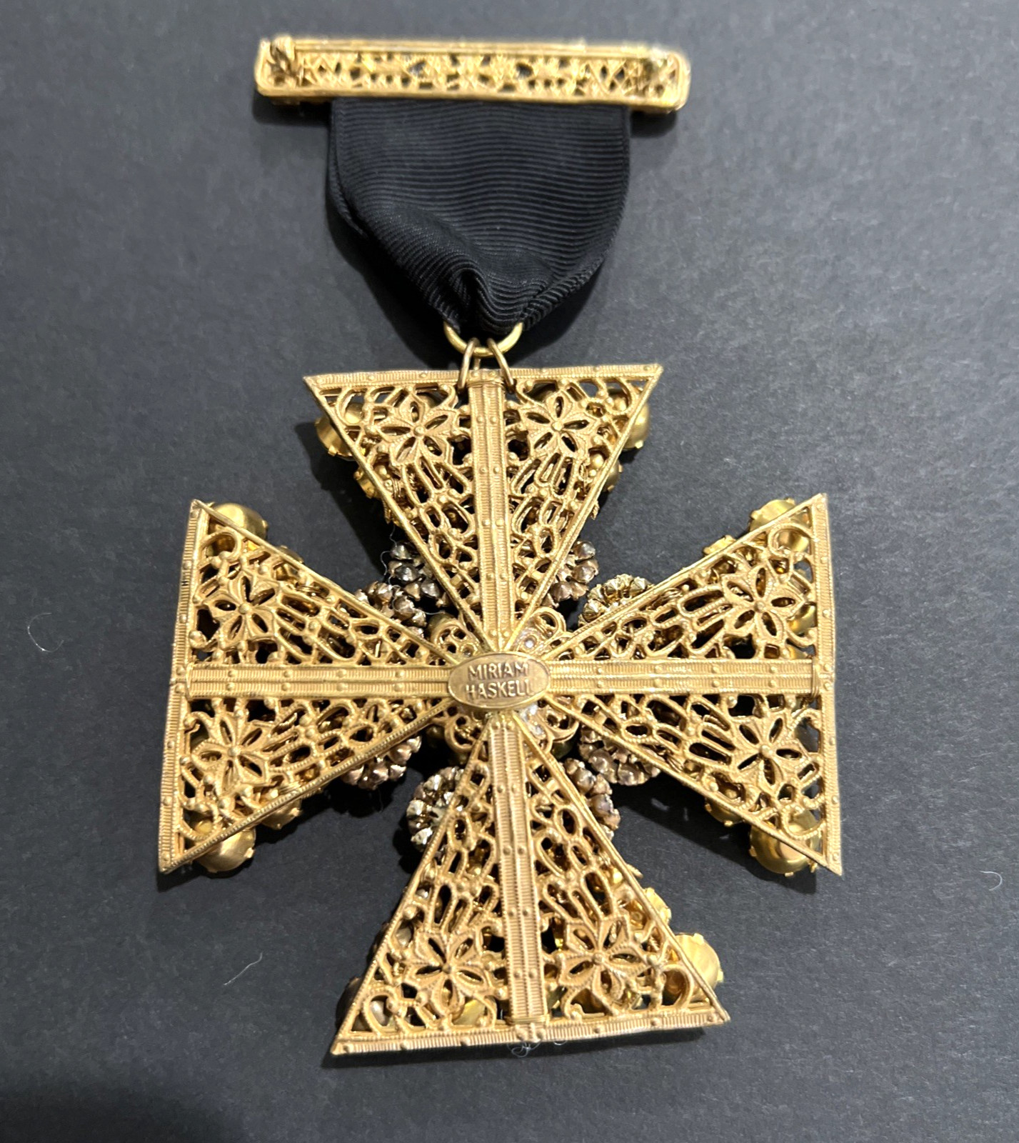 VTG. SIGNED MIRIAM HASKELL RHINESTONE MALTESE CROSS on RIBBON & CROSS BAR BROOCH