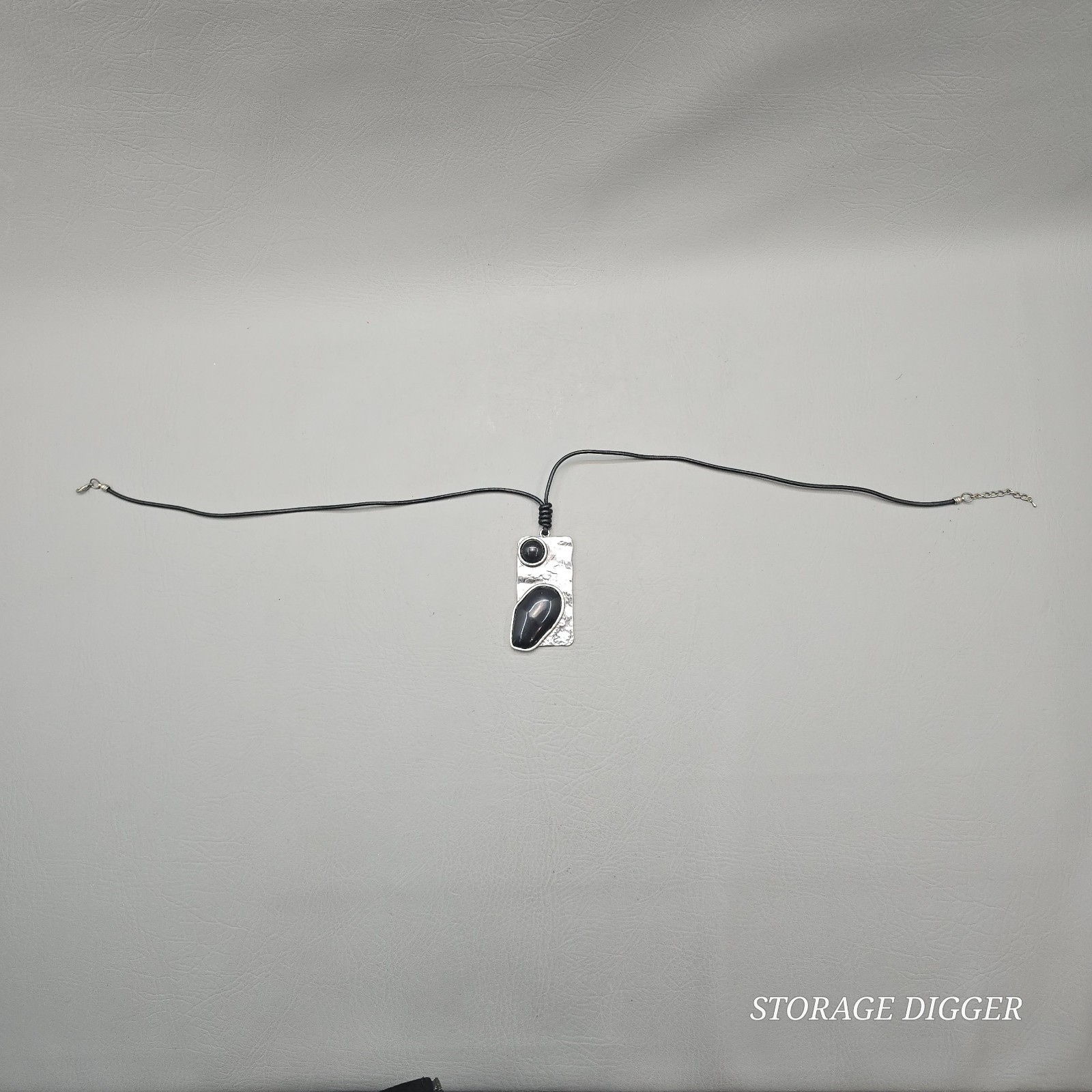 Vintage Silver Tone Metal with Black Onyx Pendant on Cord Necklace 31″ Long