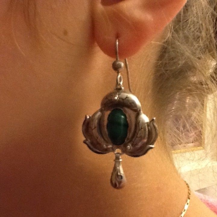 Ring & Earrings Vintage Sterling Silver Green Malachite and Enamel Jewelry Set