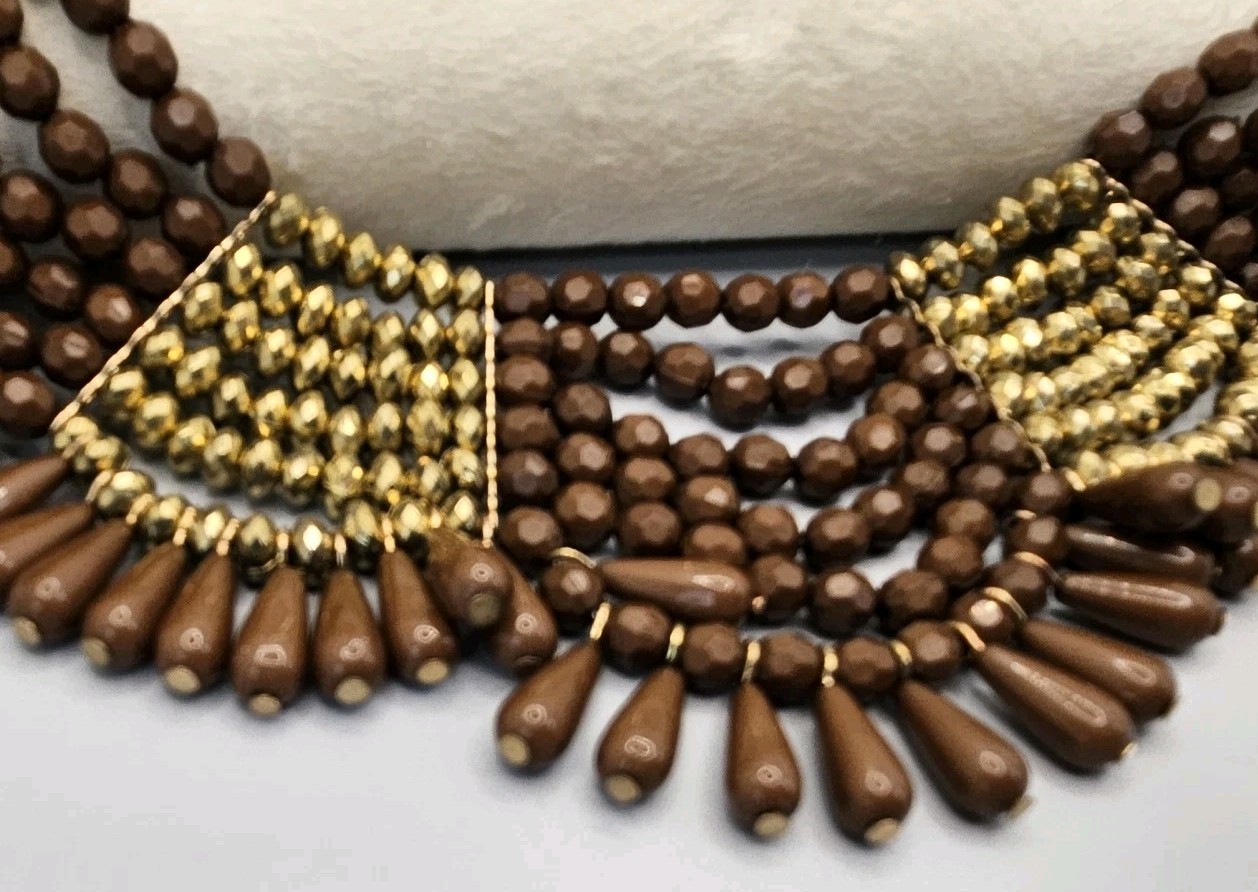 Beaded Necklace Tribal Bib Collar Statement Runway Boho Gold Tone Brown VTG 16″