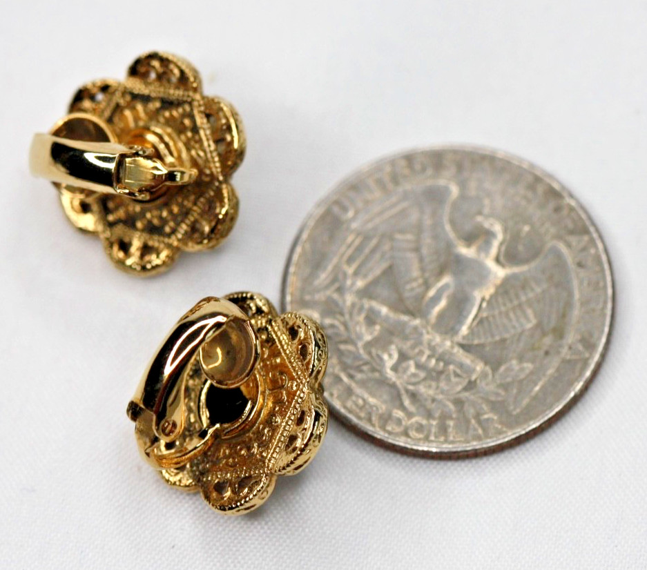 1928 Brand Faux Pearl Cabochon Earrings Ornate Victorian Revival Flower Clip on