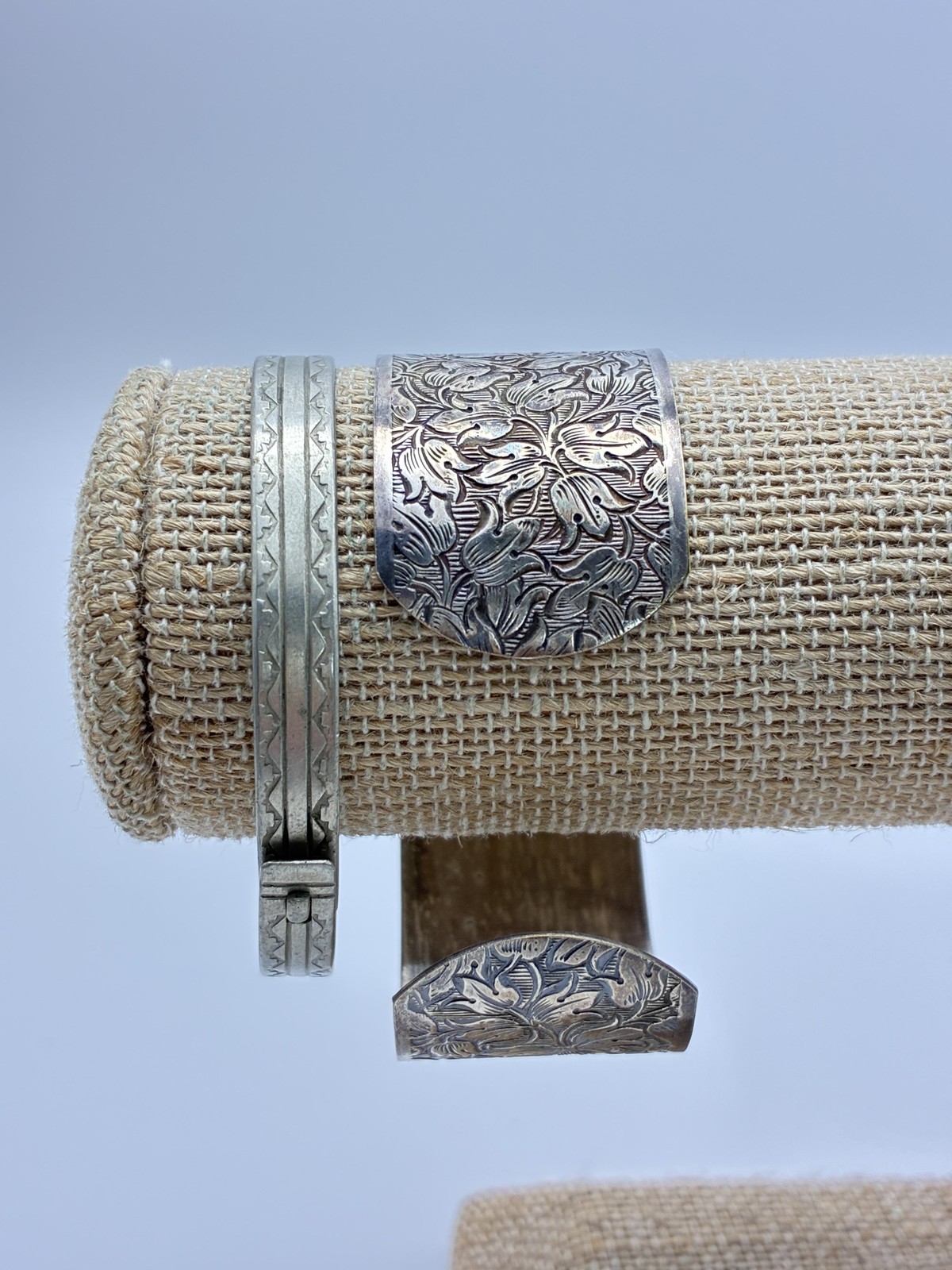 Vintage Bracelets Lot of 2 Silver Tone Floral Cuff and Abalone Shell Bangle