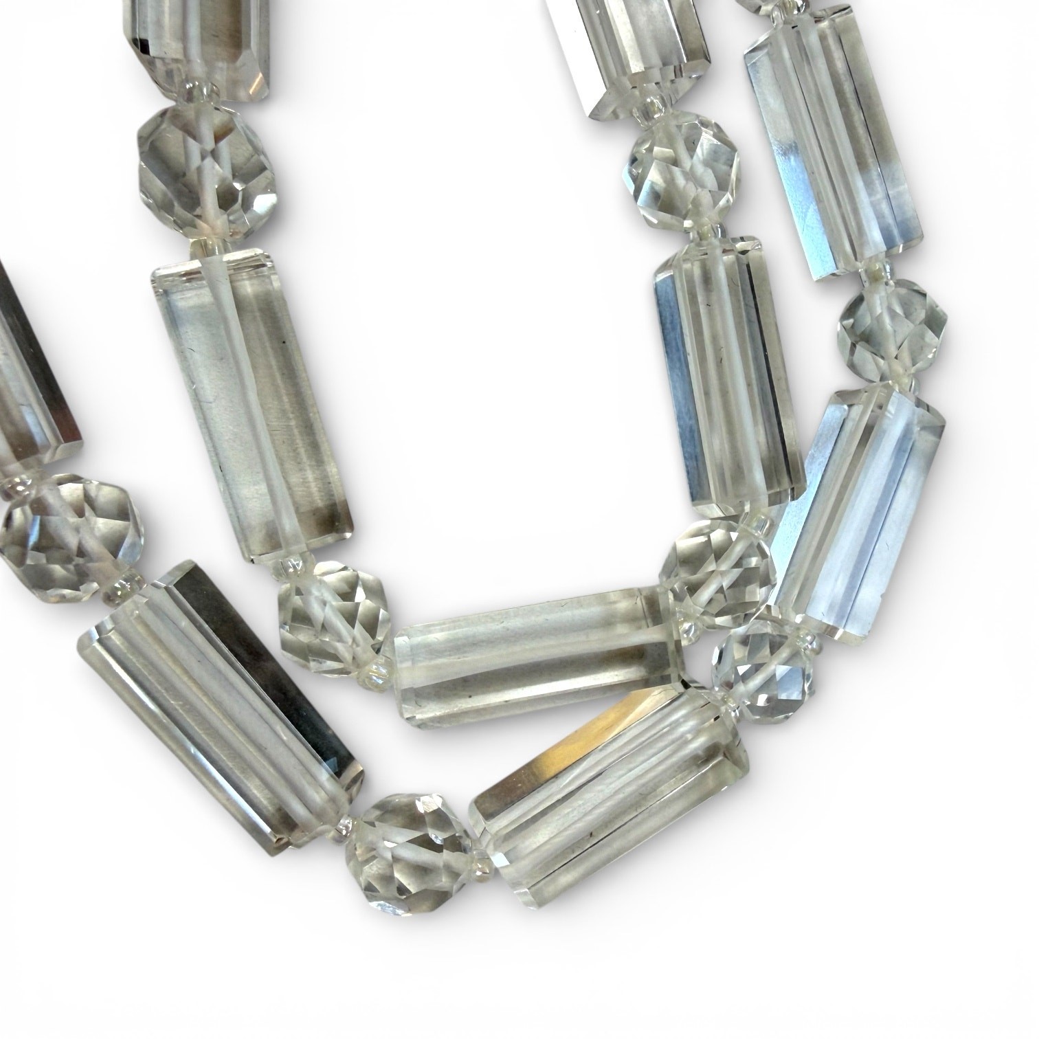 Vintage Clear Faceted Glass Bead Necklace, 34” Long, Rectangular Beads, Opera