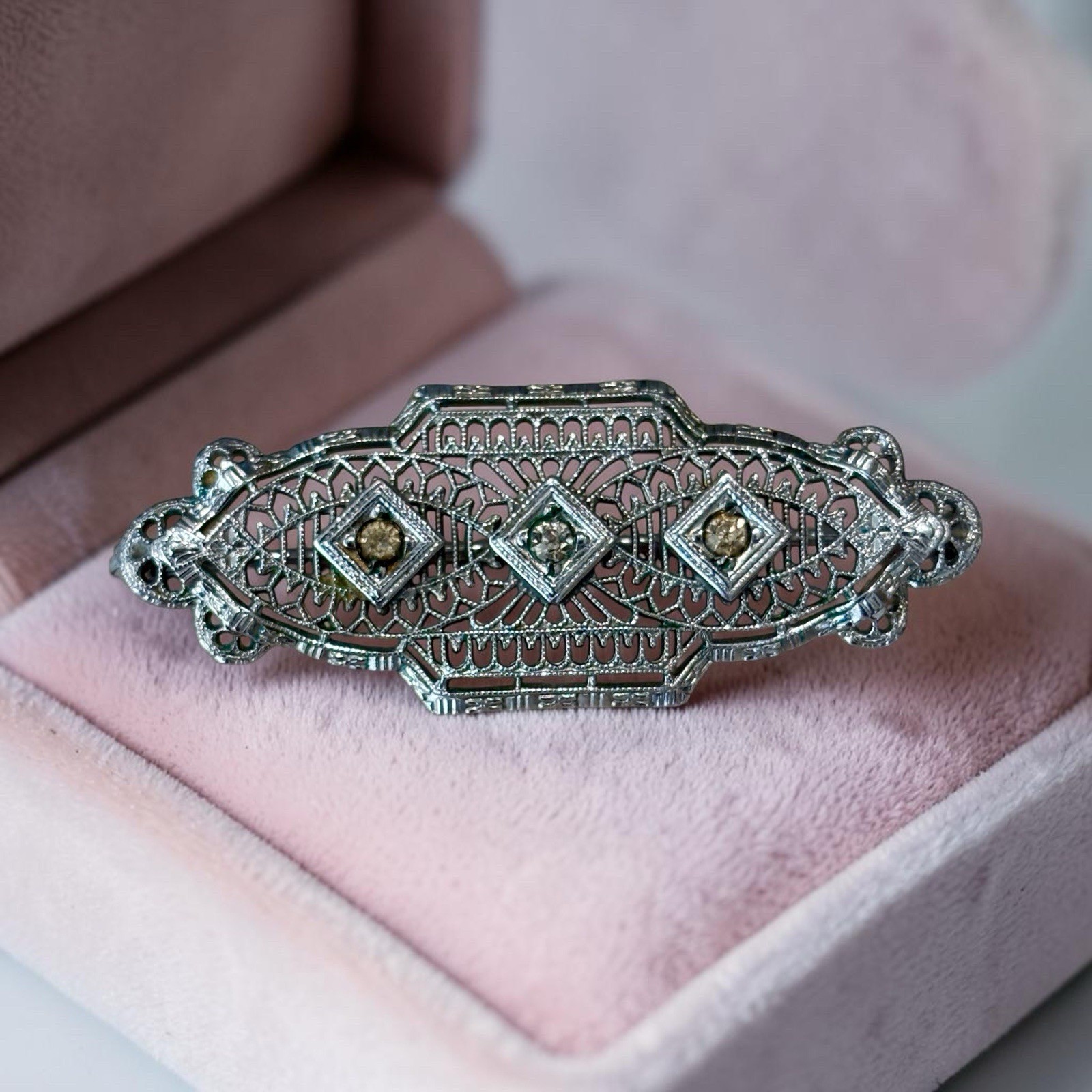 Vintage Art Deco Filigree Silver Tone Brooch Paste Glass Rhinestone Pin 1930s