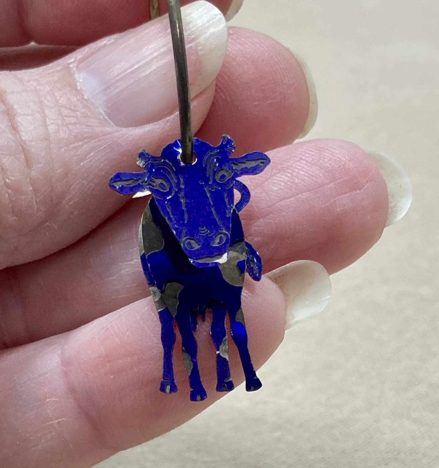 Vtg Sterling Silver 925 Blue Cow Hoop Pierced Earrings Animal Charm Dangle Drop