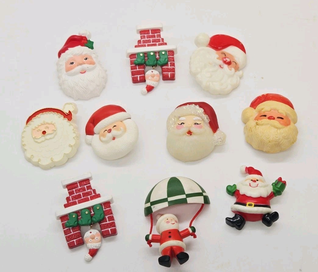 Christmas Brooch Lot Vintage to Now 10 pc Santa Clause Avon Fun World Hallmark