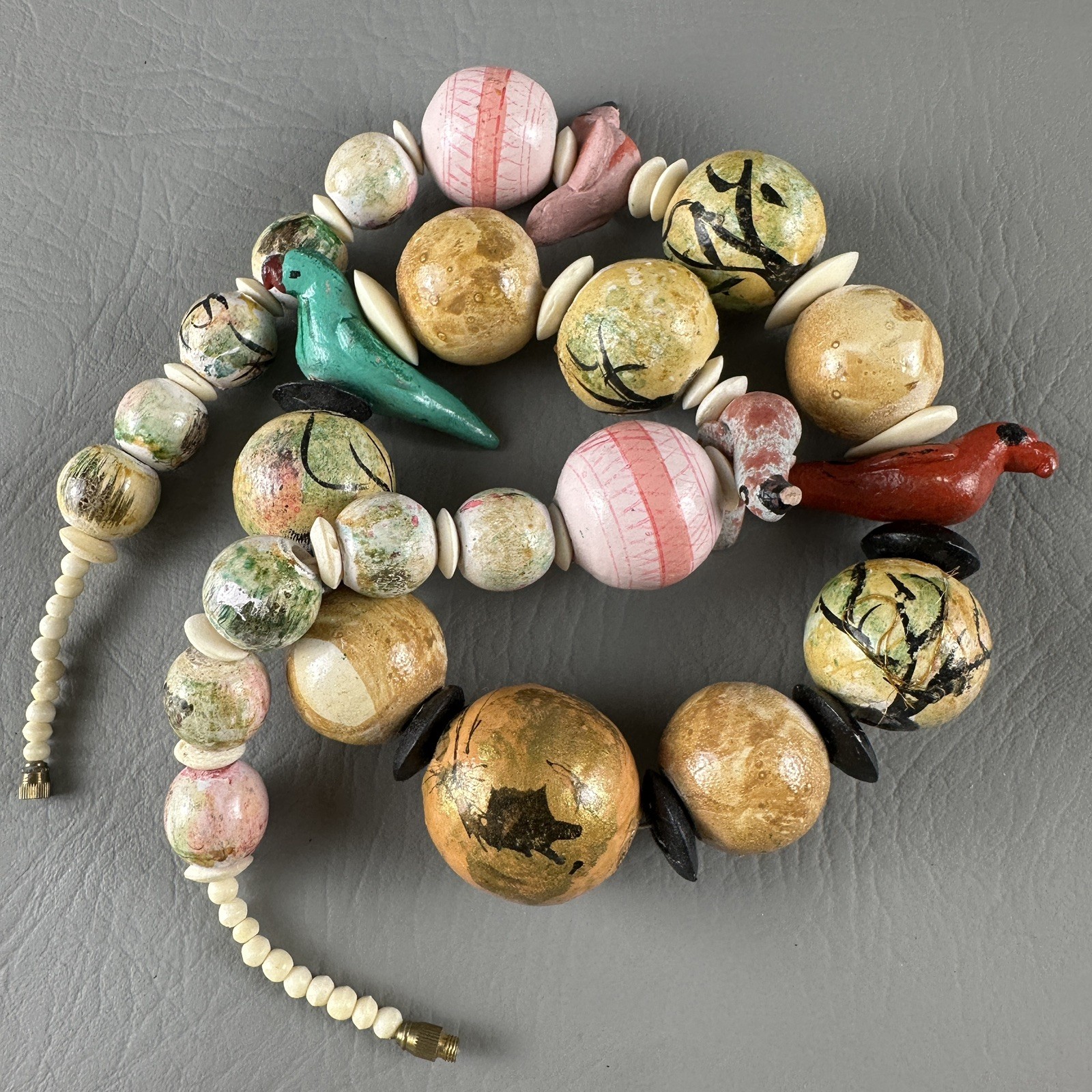 Vintage Hand Painted Necklace Bird Bead Artisan Wood 27”