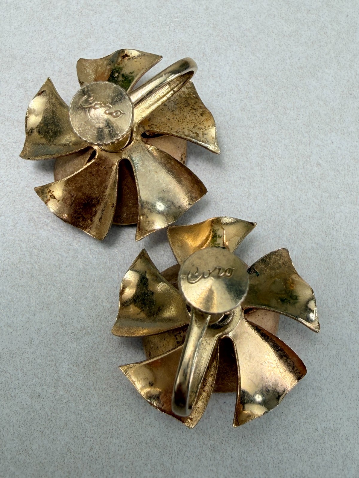 Coro Pink Enamel Rose Earrings Rhinestone Center Adjustable Clip On