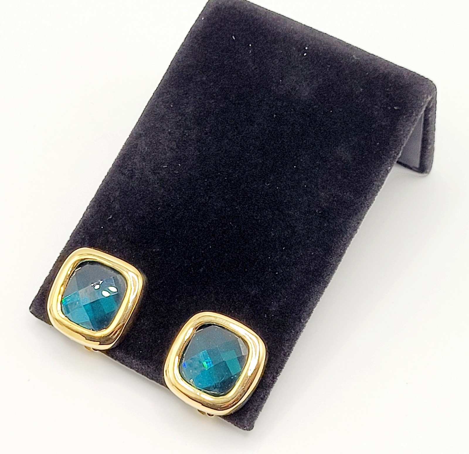 Aqua Light Blue Green Faceted Glass Soft Square Gold Tone Bezel Clip On Earrings