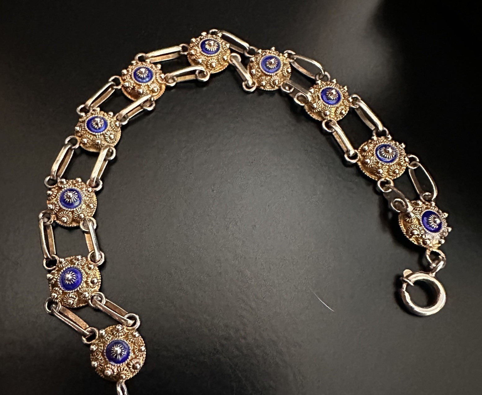 Vintage Chinese Export 925 Sterling Vermeil Cobalt Enamel Cannetille Bracelet