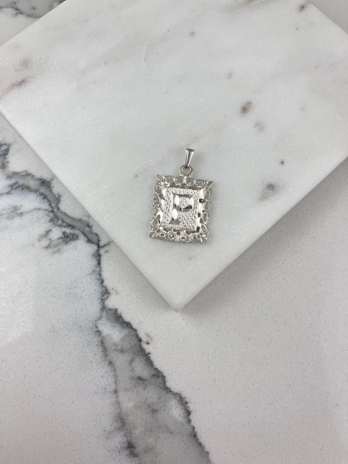Vintage 925 Sterling Silver Filigree Etched Initial Letter P Charm Pendant