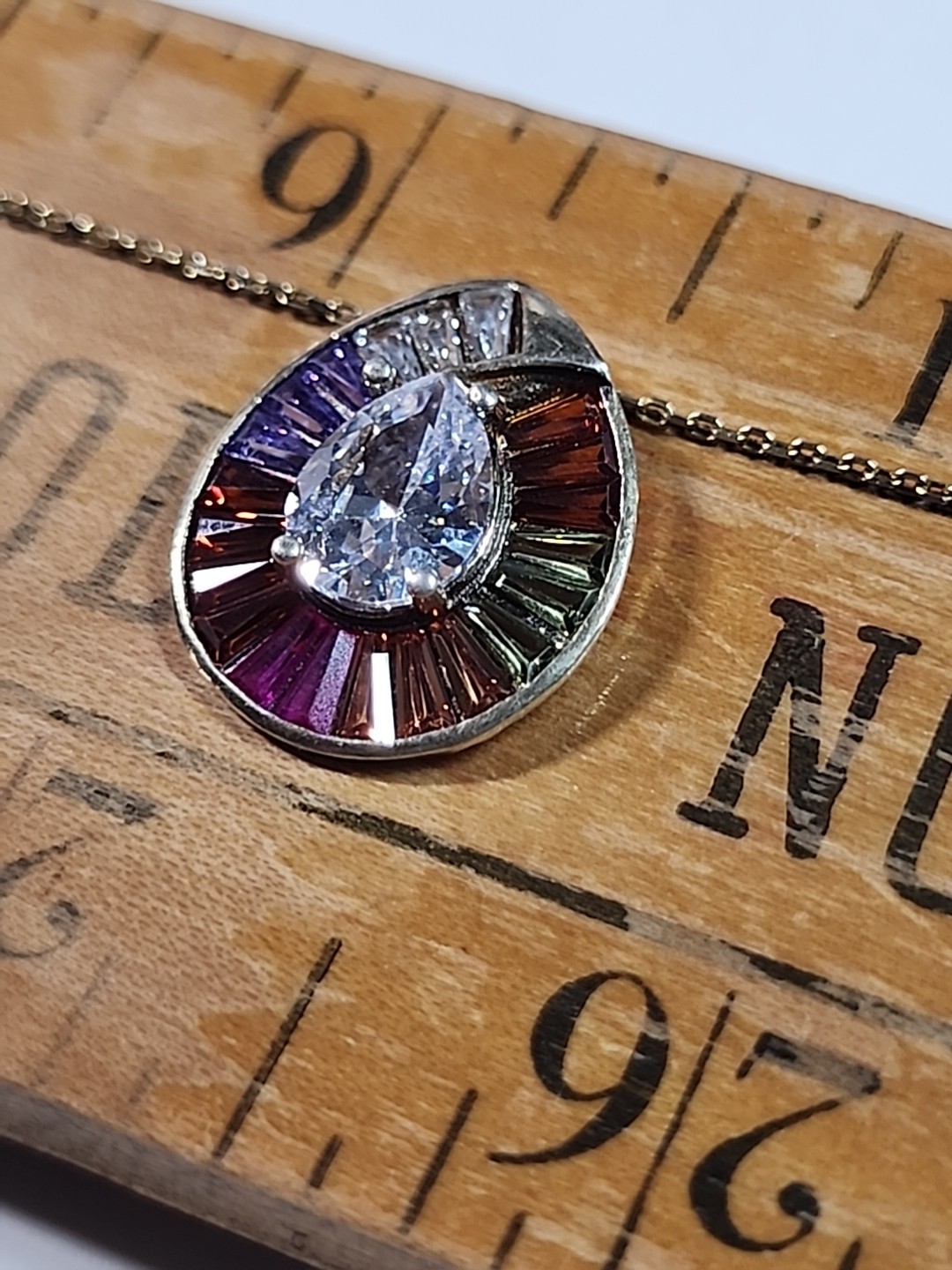 Rainbow Cluster Stones Teardrop Pendant Gold Over .925 Silver 17.5″ Necklace