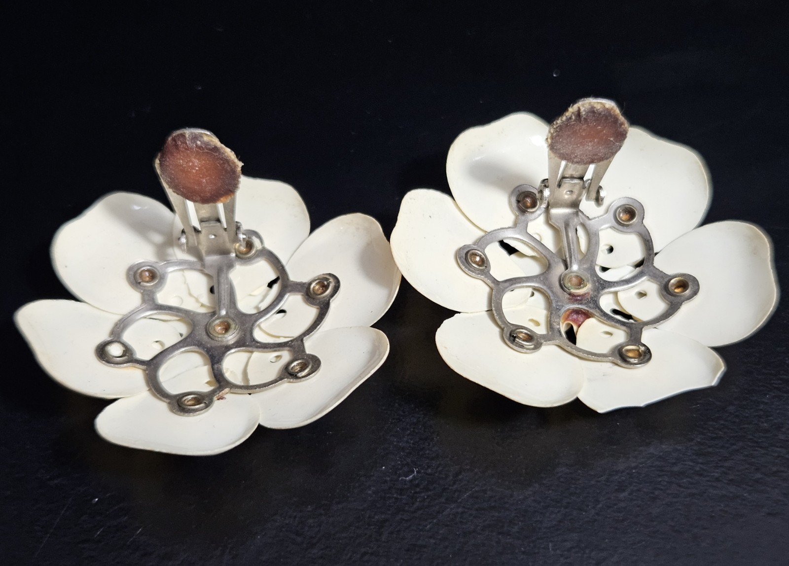 Vintage Floral Cluster Clip On Earrings Iridescent Petal Design with Rhinestone