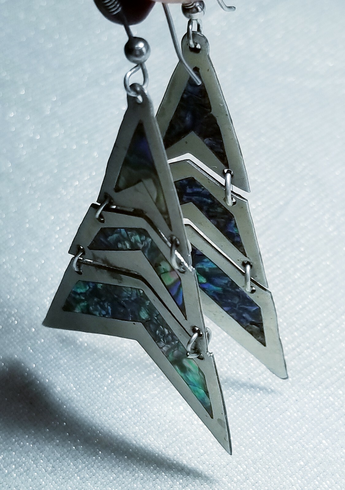 Vintage 80’s New Mexico 3 tiered triangular Silver Earrings Paua Abalone Shell 
