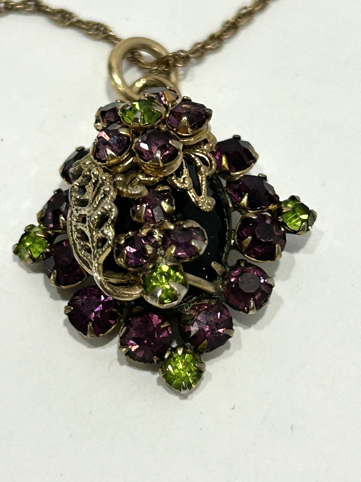 Purple Grape Clusters & Green Flowers Rhinestone Bracelet, Earrings & Necklace