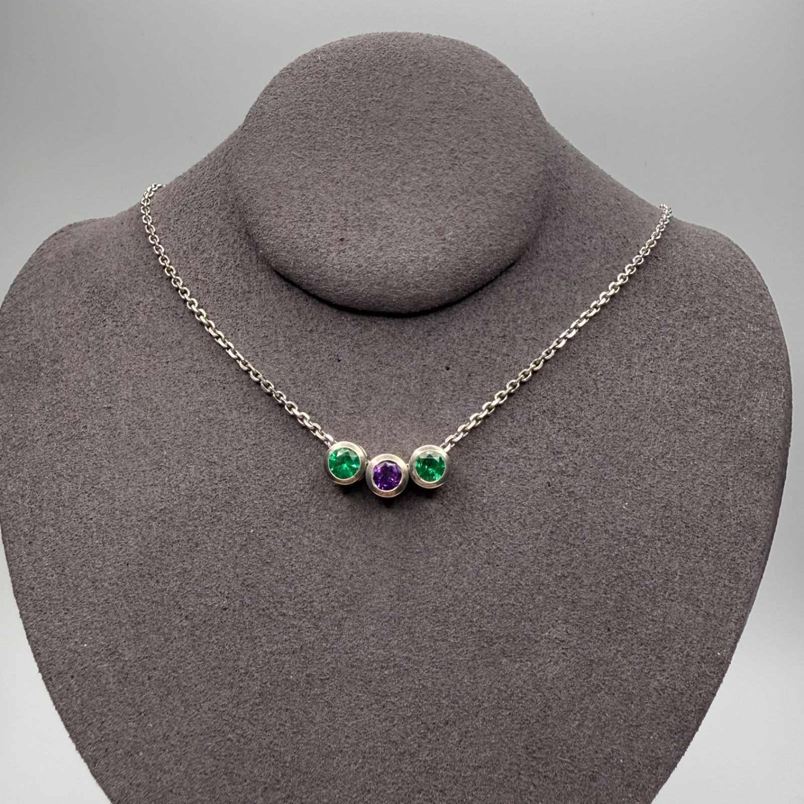 Vintage Sterling Silver 3 Stone Sliding Bezel Station Necklace Green & Purple CZ