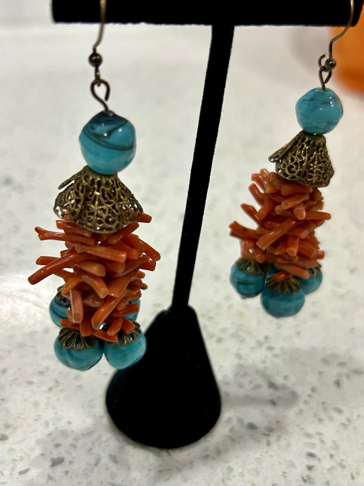 Vintage Coral And Art Glass Earrings Orange Turquoise Summer Beach Hot Dangle