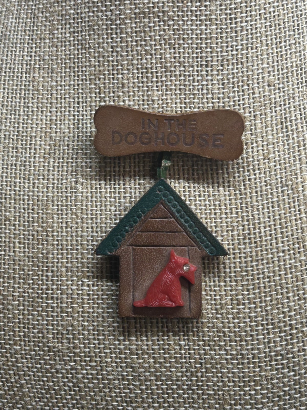 Vintage 1940s Wood “In The Doghouse” Brooch – Red Plastic Scottie Dog Pin