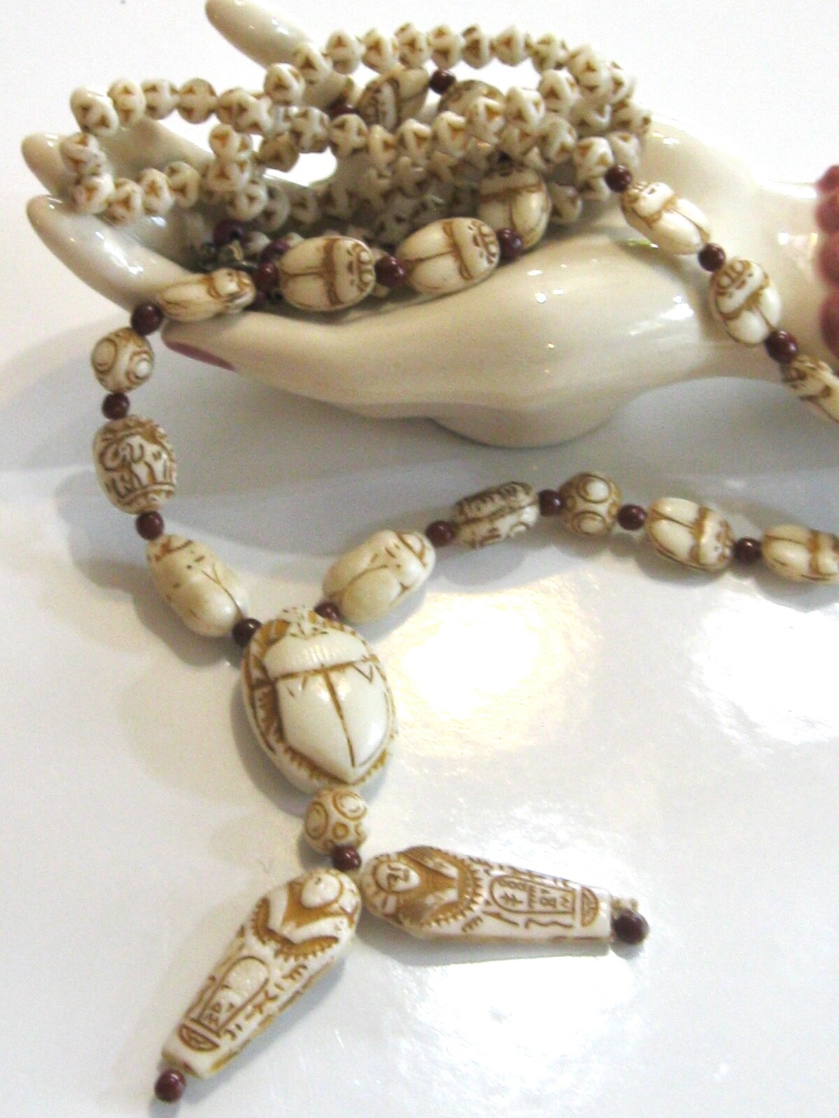 ANTIQUE NEIGER BROTHERS 1920s EGYPTIAN ART DECO URANIUM GLASS BEADED NECKLACE
