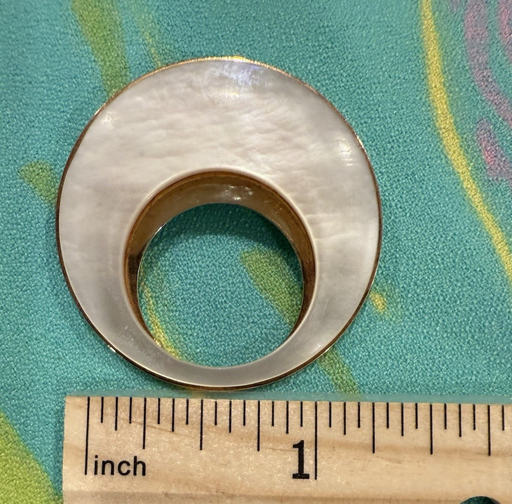 Vintage Mother of Pearl Rose Brass Infinity Circle Brooch 1940s