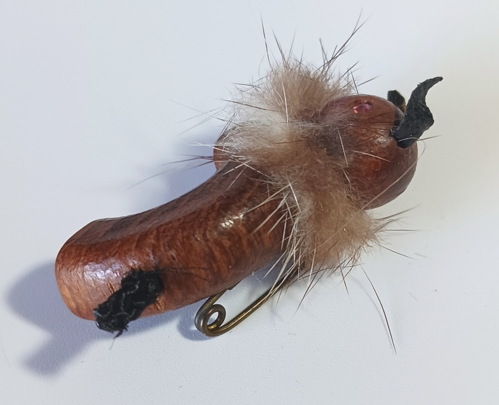 Vintage Wood, Fur, Leather, Rhinestone Animal Creature Brooch – Lion?