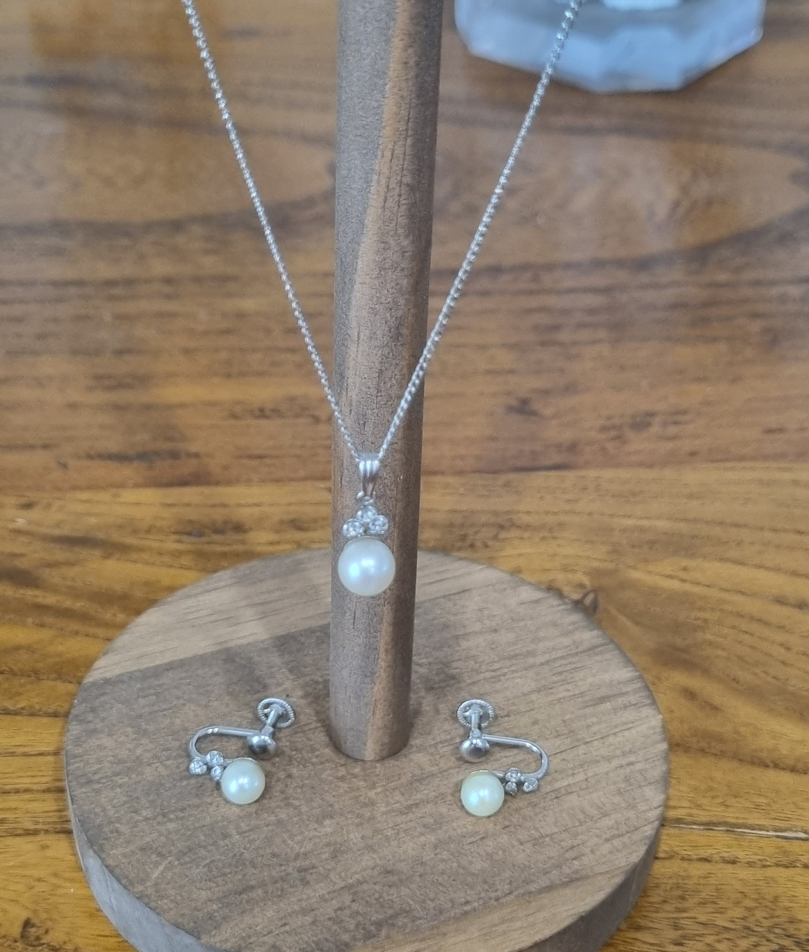 Vintage 12k White Gold Filled Cultured Pearl Topaz Pendant Earring Set See Video