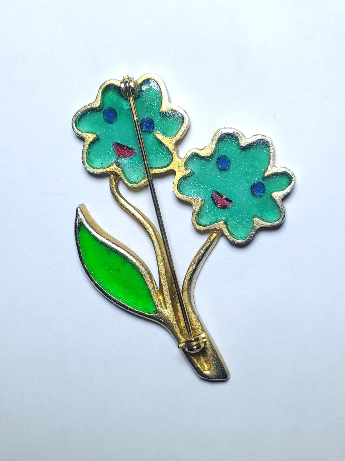 Enamel Flower Face Brooch by Joy Vintage Plique A Jour Green Stained Glass Resin