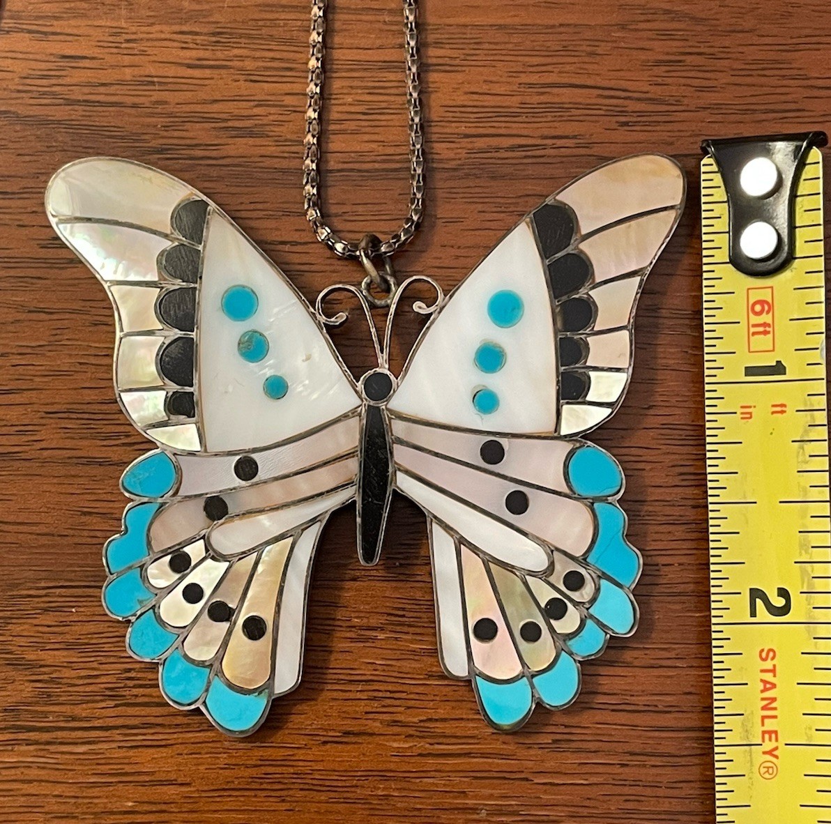 Vintage Sterling Silver Large Butterfly Inlay Turquoise Pendant & Necklace