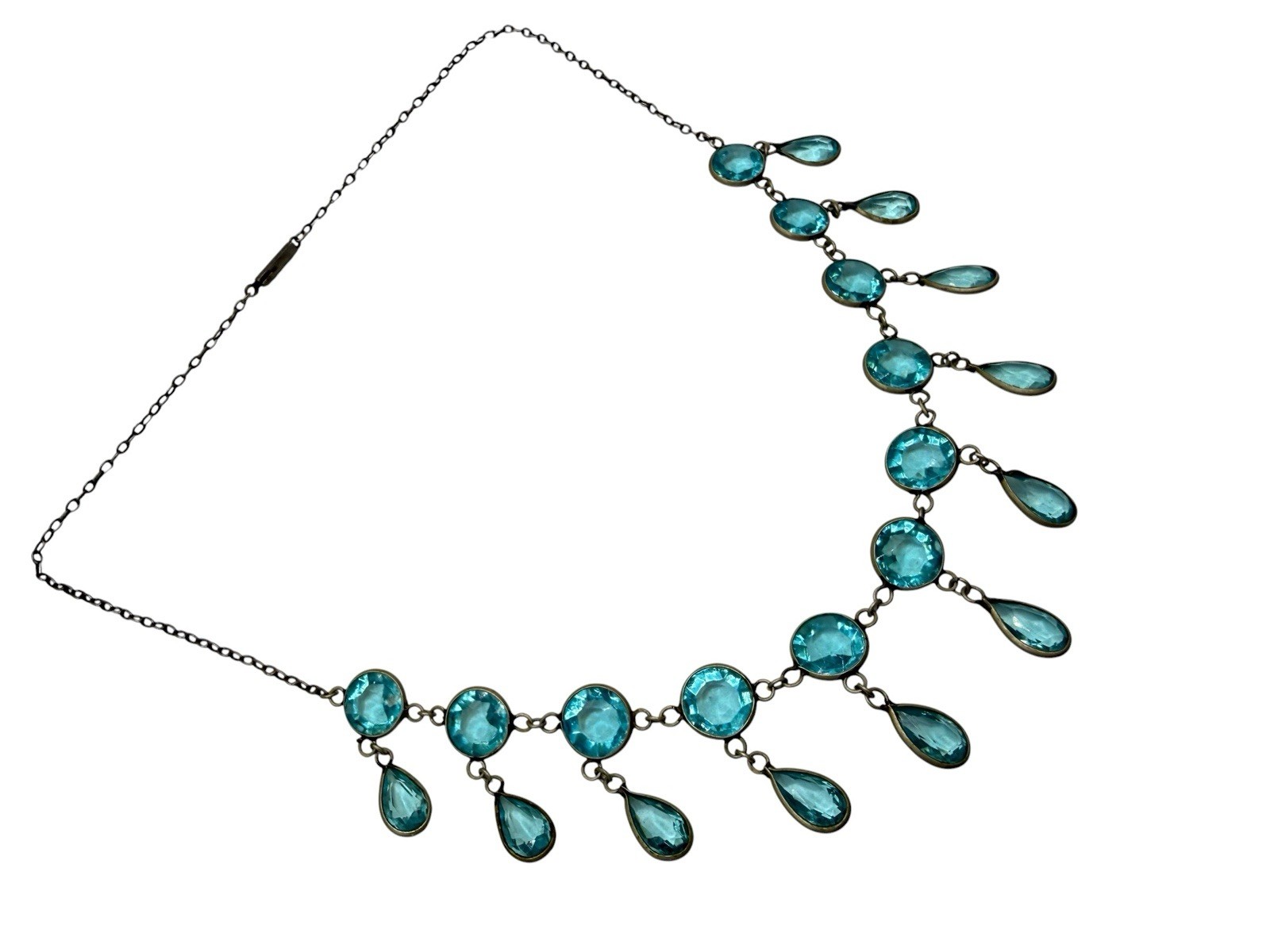 Antique Edwardian Deco Czech Festoon Drapes Faux Aquamarine Glass Necklace