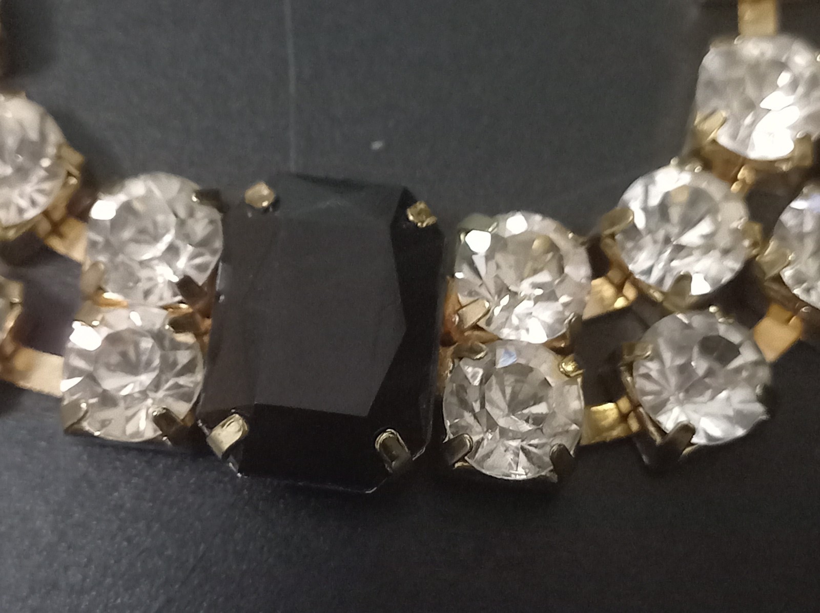Vintage Gold Tone Clear Rhinestone & Black Emerald-Cut Stone Statement Necklace
