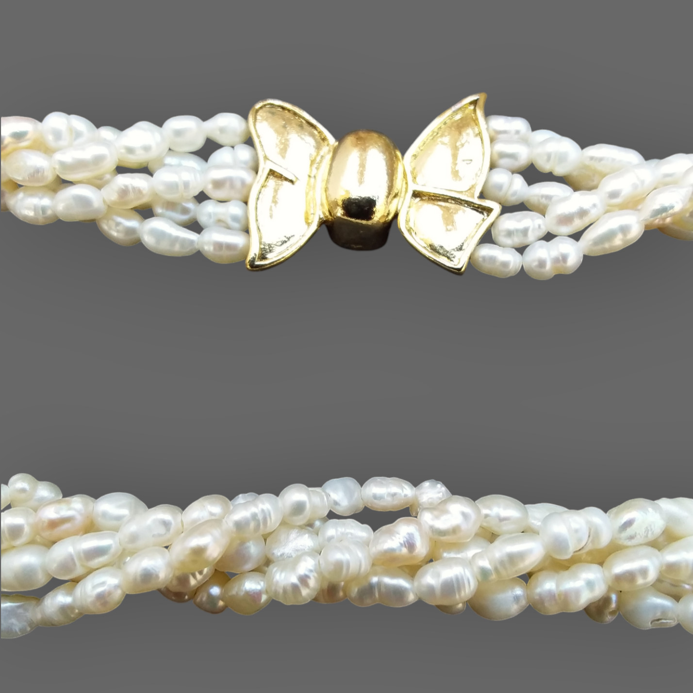 Freshwater Rice Pearls Multi Strand Necklace White Gold Tone Bow Clasp 16.5in