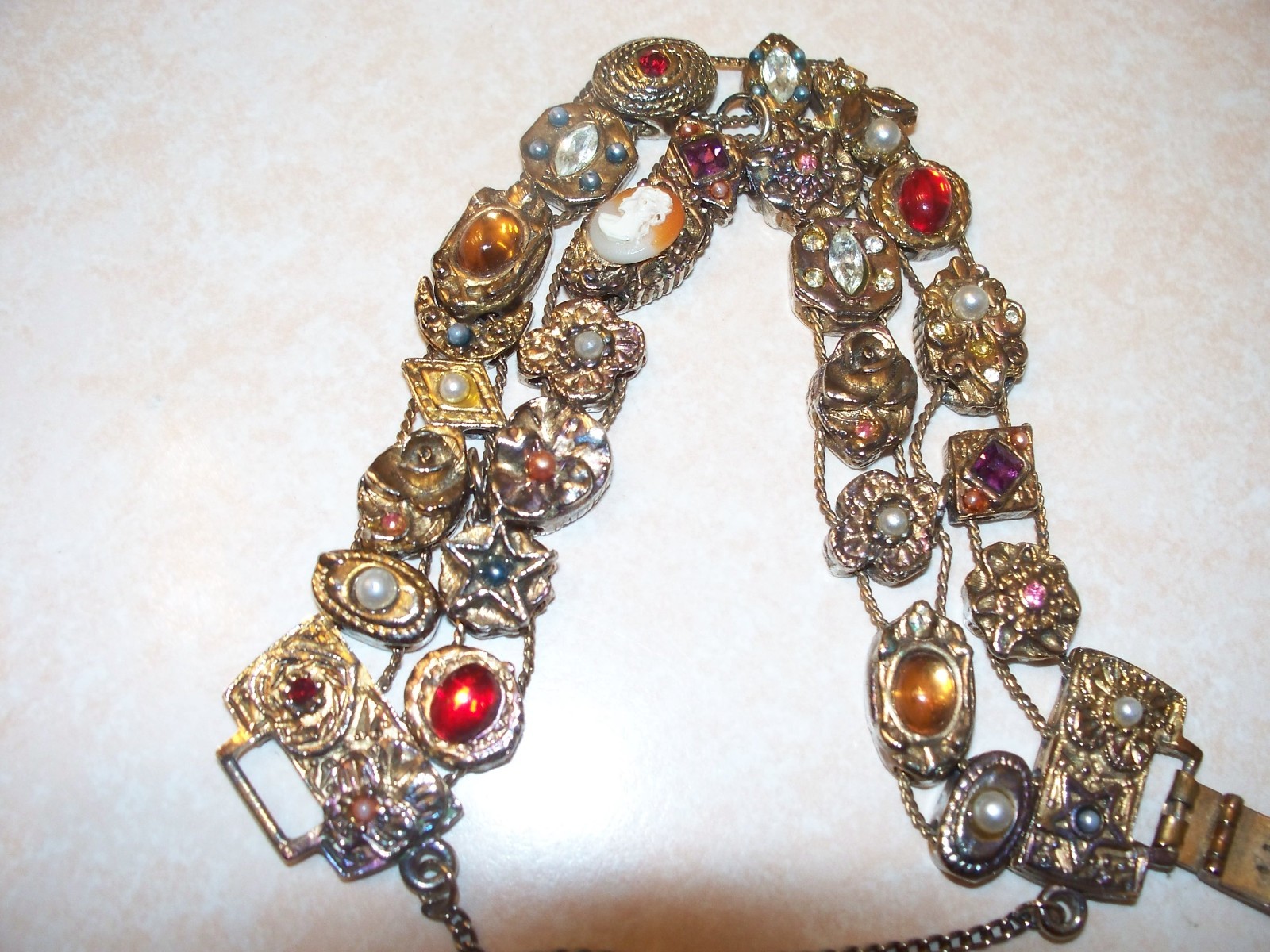 Vintage Faux Jewel Slide Double Row Charm Bracelet Cameo Amethyst Rhinestones