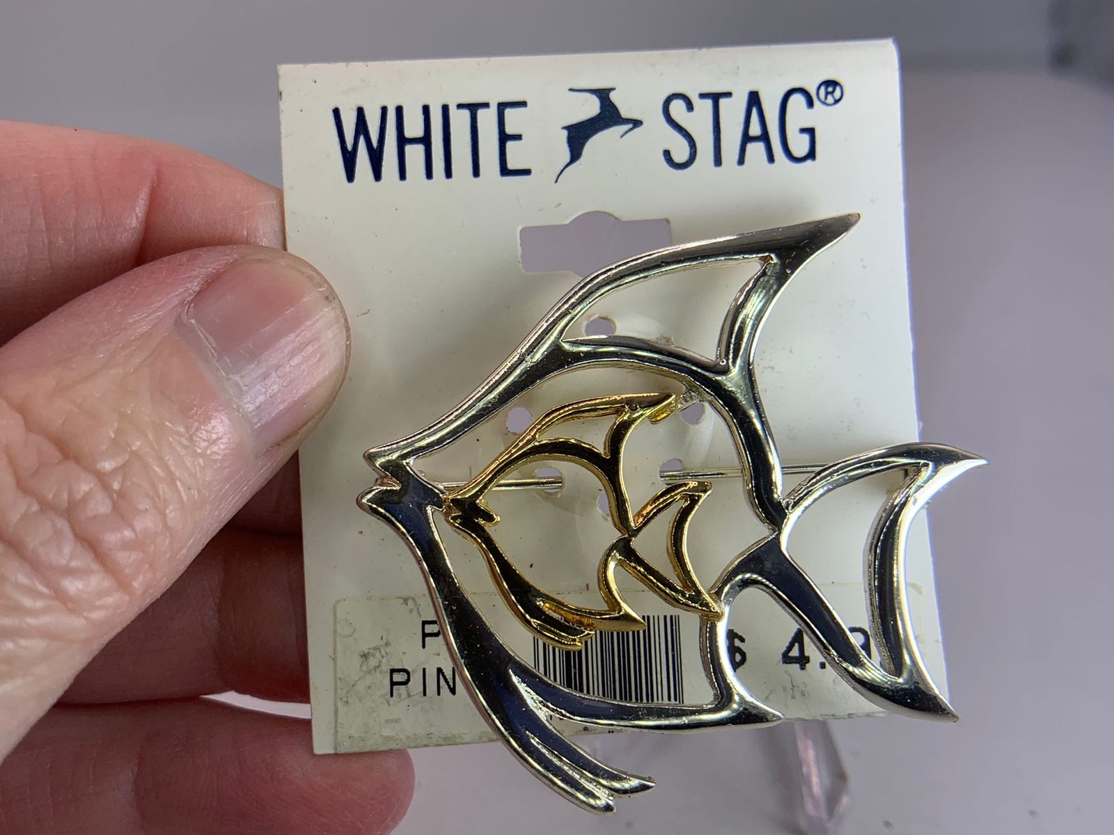 Fish Angelfish Duo Outline WHITE STAG NOSWT Vintage Bi-Metal Brooch Pin V-8164