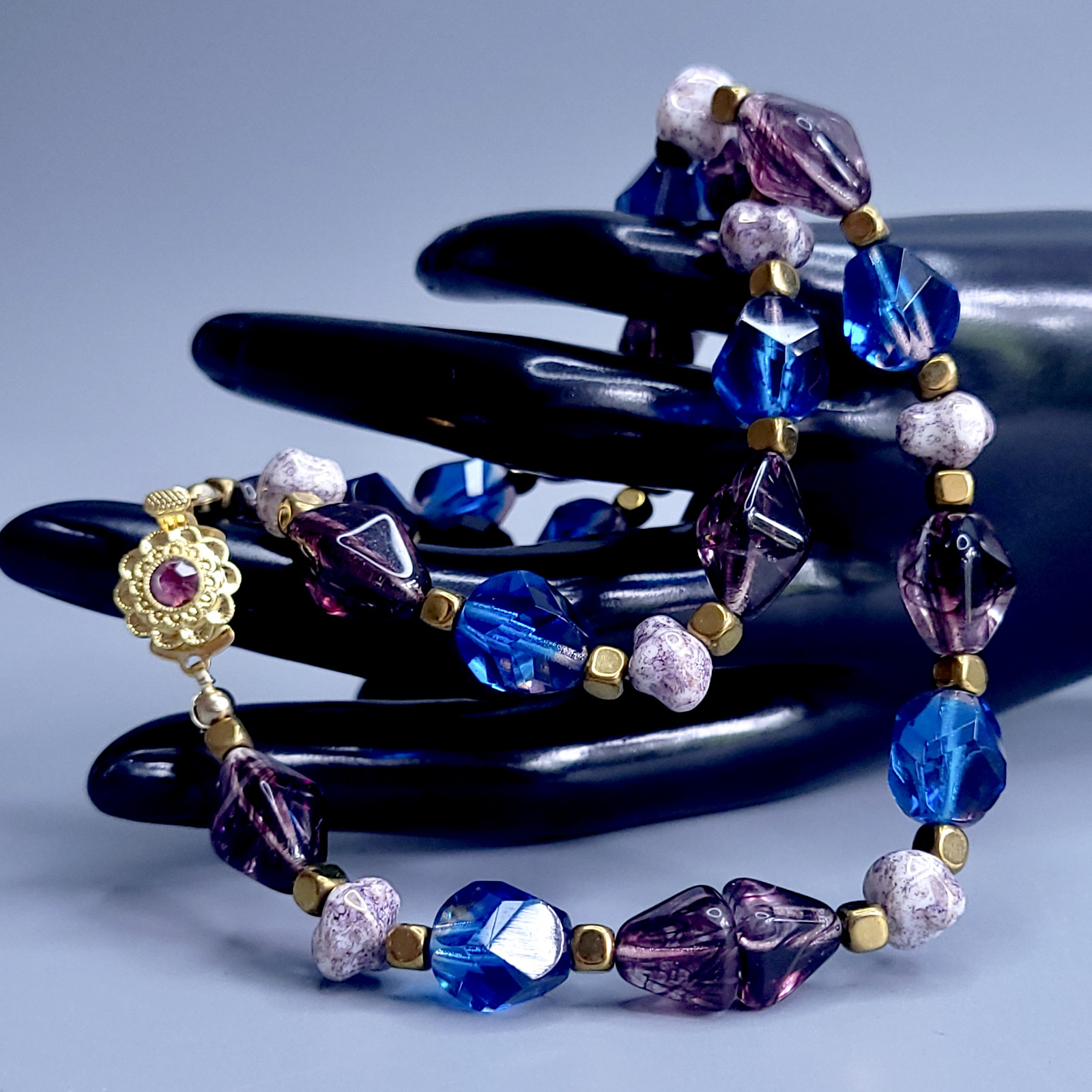 Necklace 20” Blue and Purple Glass Czech Vintage Beads Women`s Jewelry