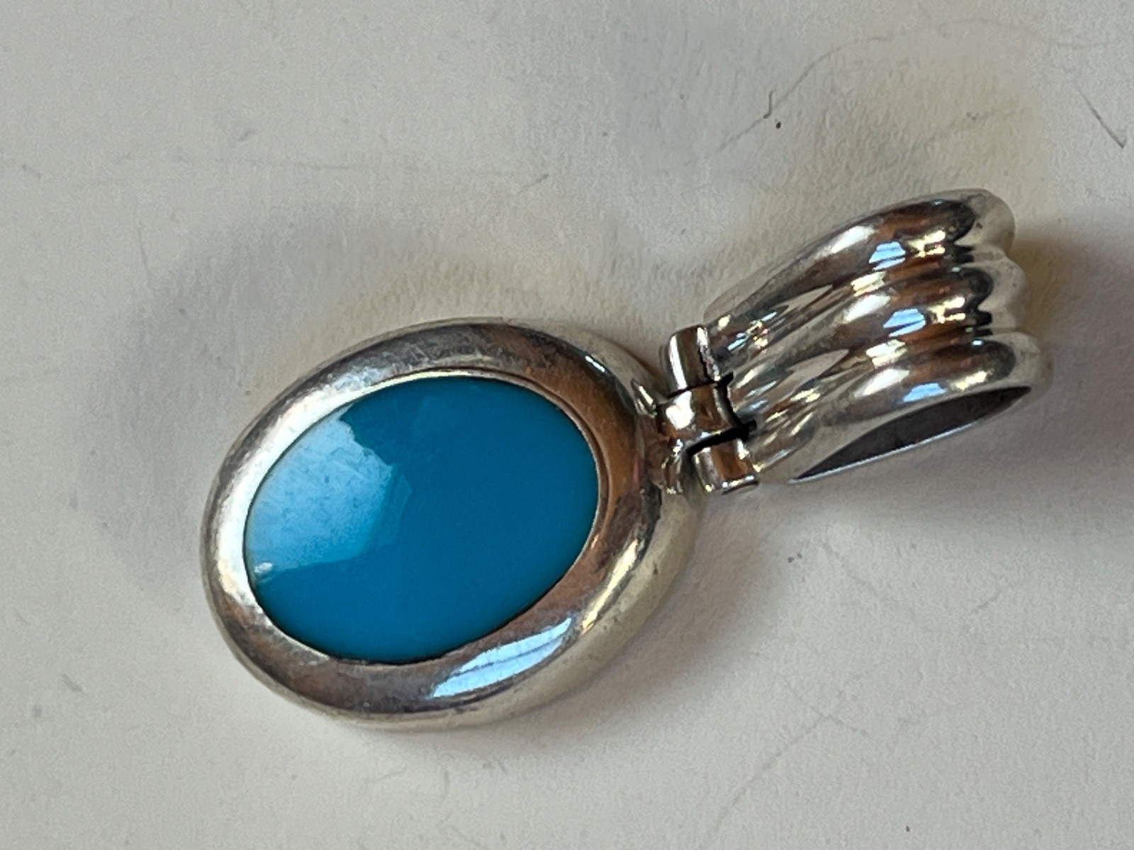 Turquoise Enamel in Oval Mexico 925 Silver Frame Pendant – about 1 and 3/8th’s x
