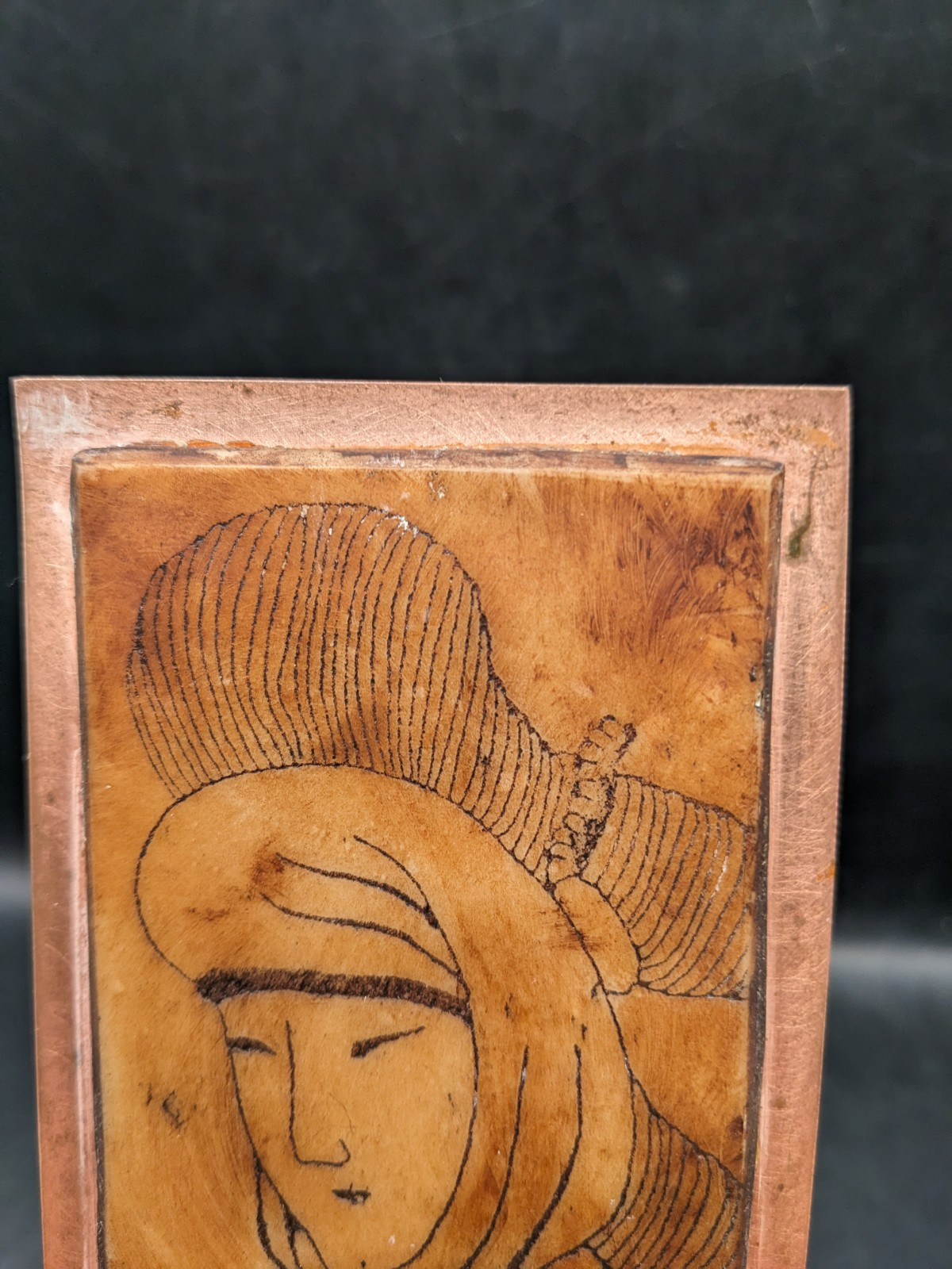 Vintage Artisan Made Japanese Figural Carved Copper Pendant Brooch