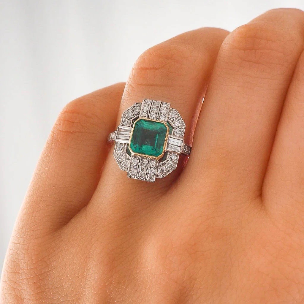 Art Deco 1.31 Ct Emerald Diamond & Baguette Vintage Statement Ring in 935 Silver
