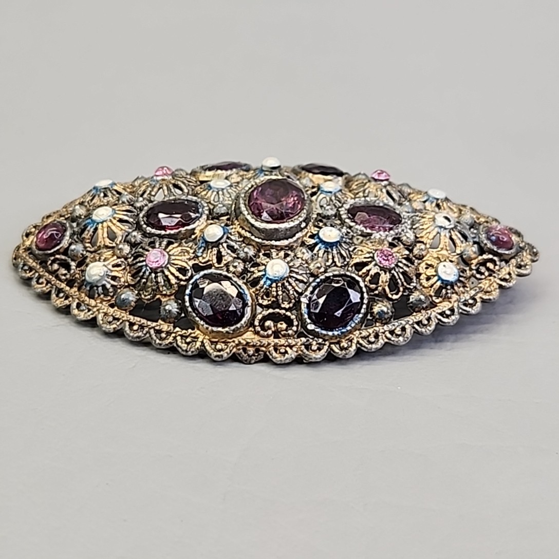 Vintage New England Glassworks Brooch Purple Rhinestones Needs Repair 3″