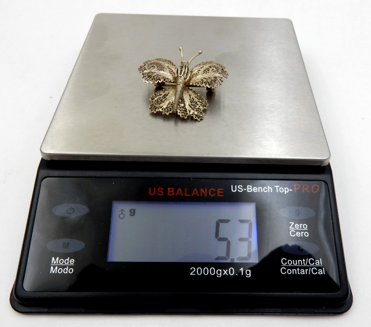 VINTAGE SOLID SILVER FINE CANNETILLE FILIGREE BUTTERFLY BROOCH PIN, 5.3 GRAMS