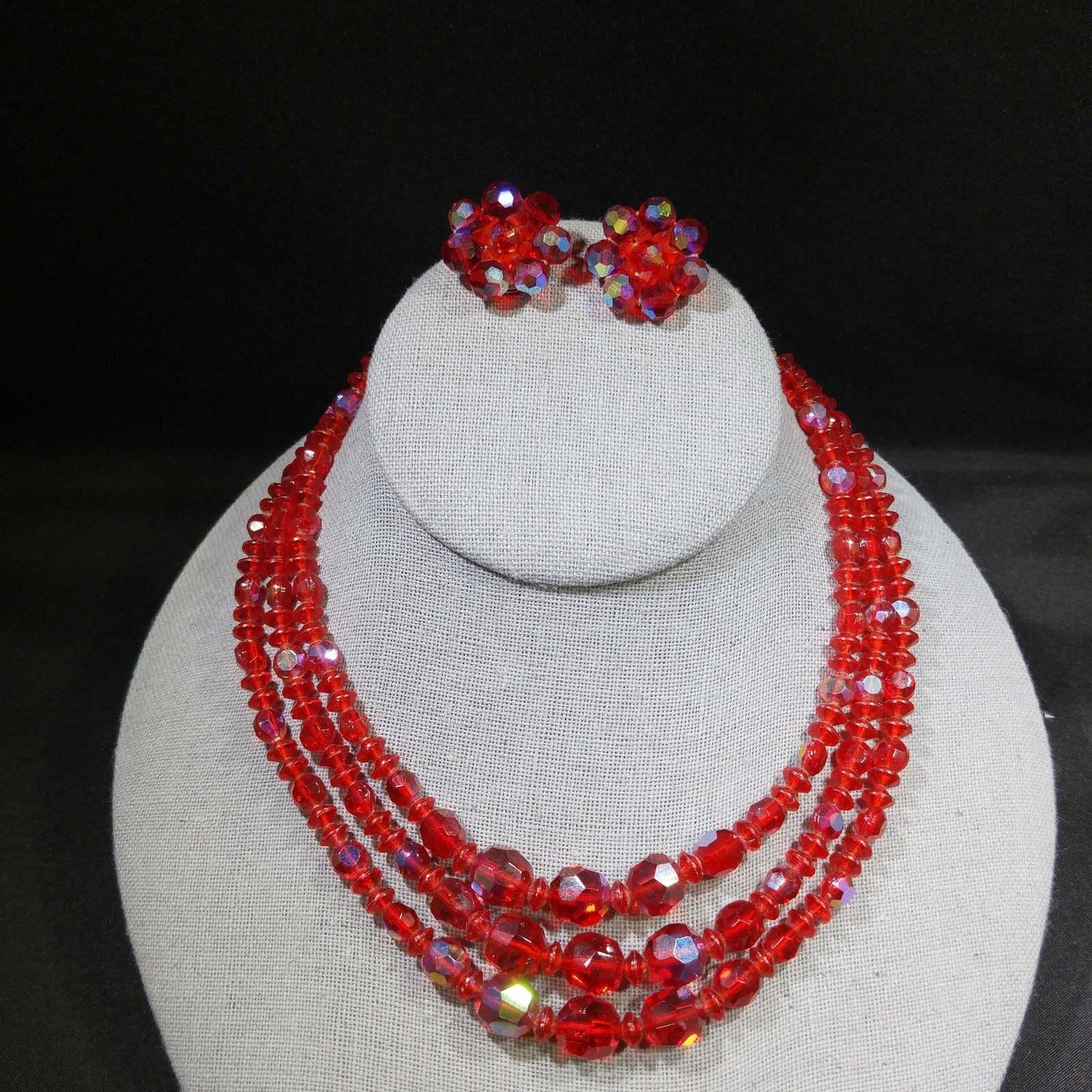 Vintage Czech Red Glass AB 3 Strand Necklace Earrings Set 1950s