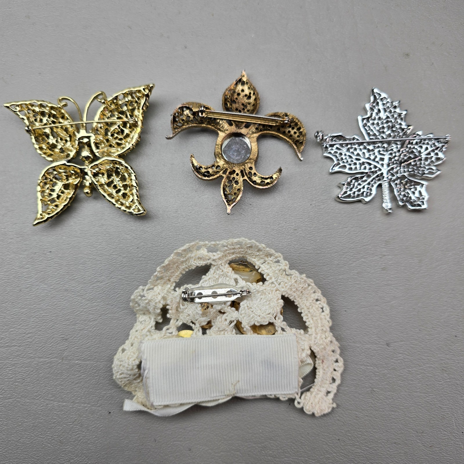 Vintage Rhinestone Brooch Lot Butterfly Leaf Fleur De Lis