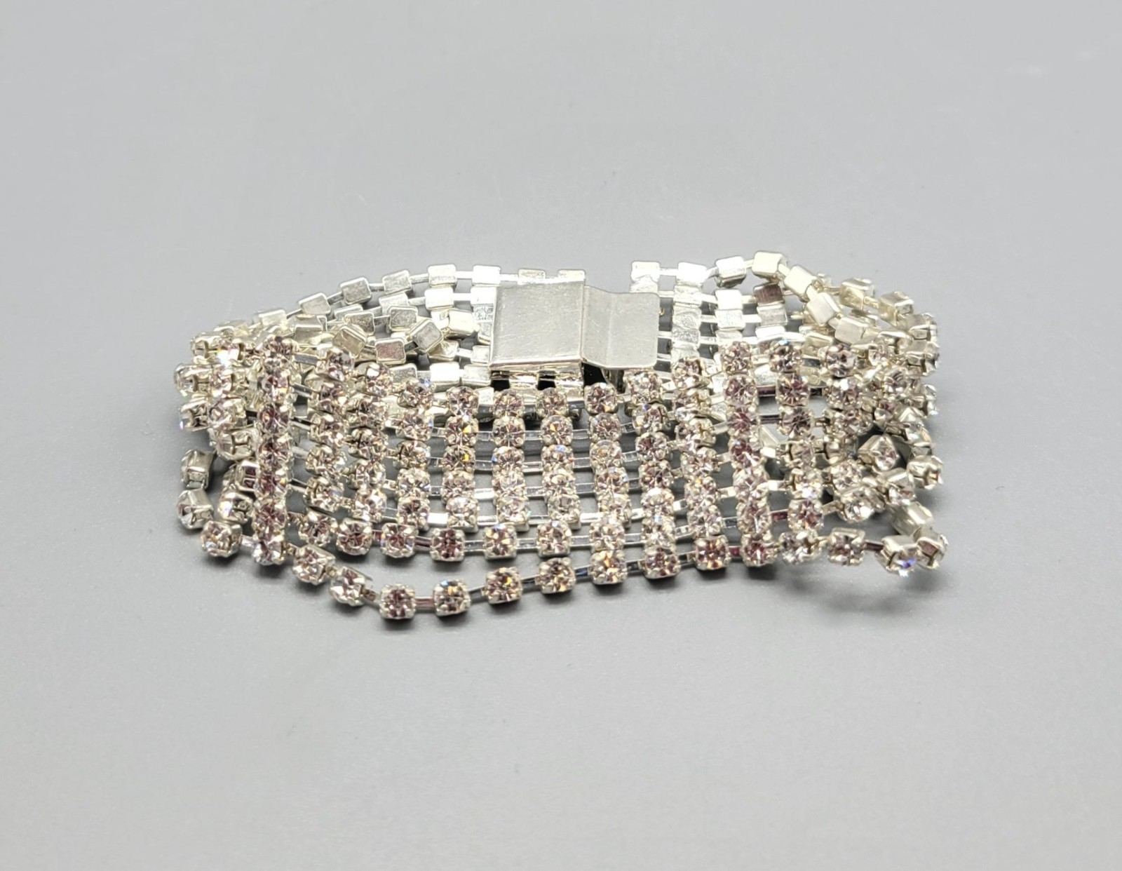 Vintage Silver Tone 7 Multi-strand Layered Clear Rhinestone Wrap Bracelet B1A