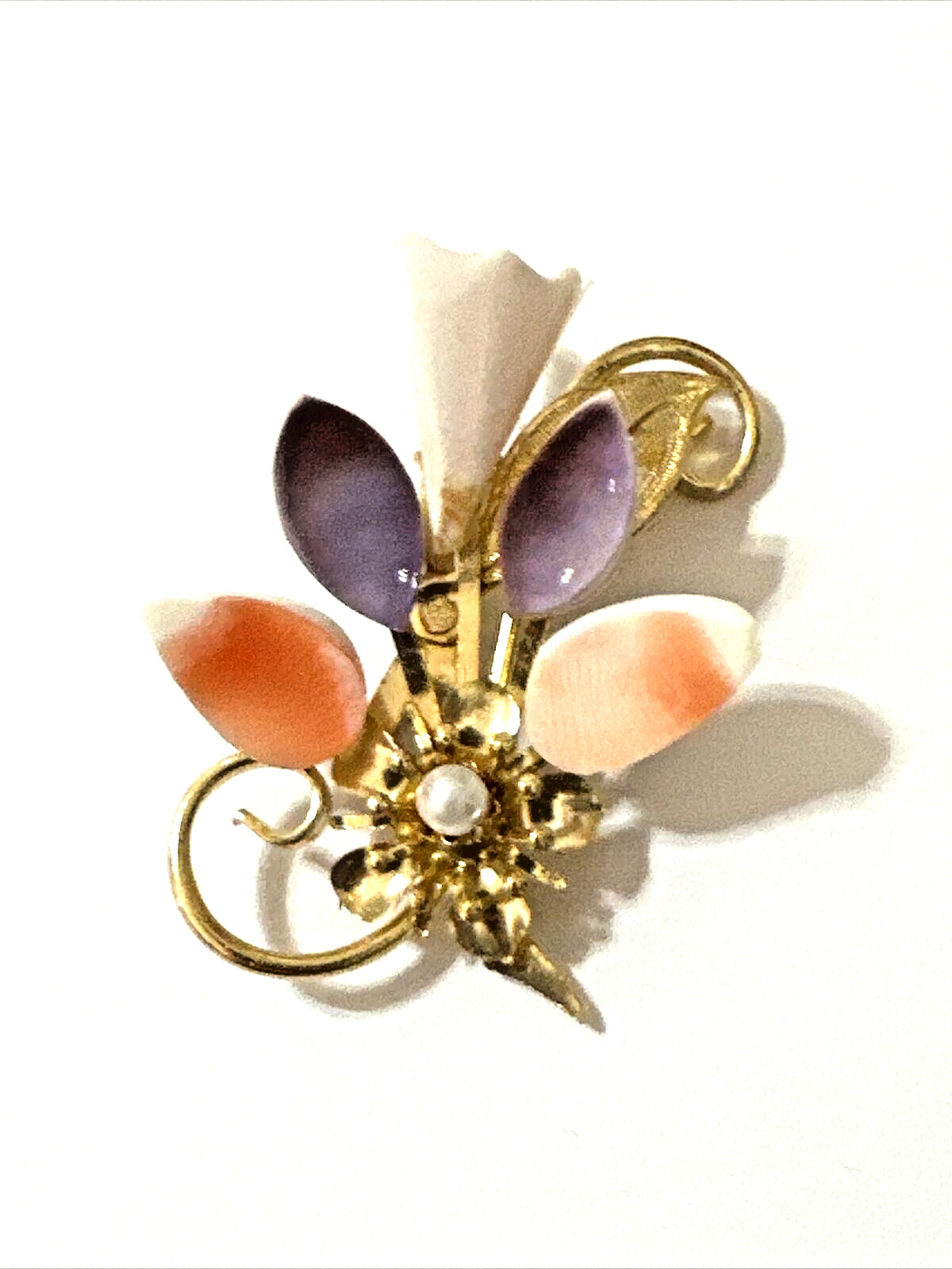 Vintage FLORAL Brooch Pink White Purple Shell Petals Gold Tone w/ Box 2″
