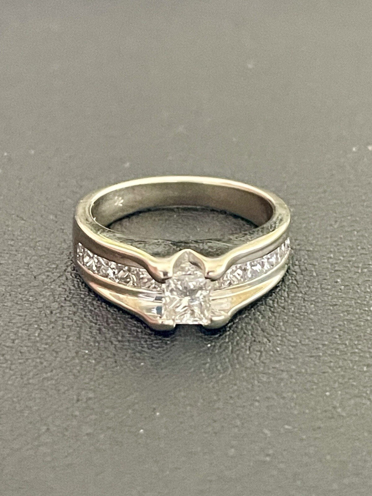 14k White Gold 1.20CTW (1/2CT Center) Princess Cut Diamond Ring (A53)